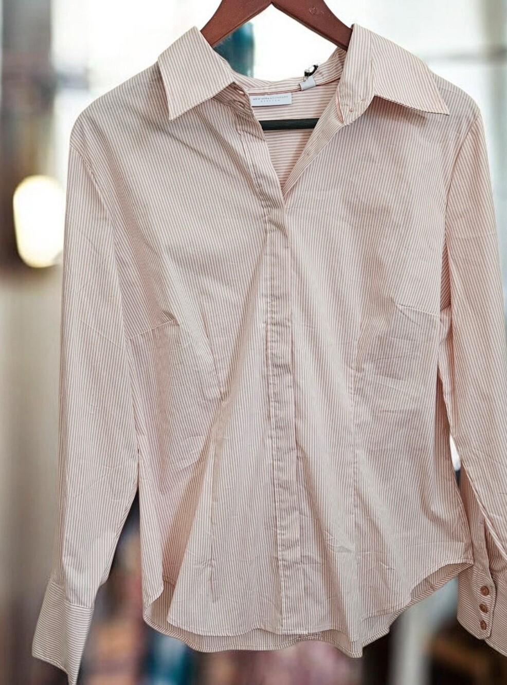 New York & Company Light Beige Pinstripe Button-Down Shirt